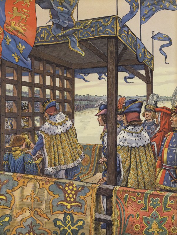 Louis XI z Francie a Edward IV z Anglie setkání k podpisu smlouvy Picquigny na obou stranách dřevěné bariéry od pseudonym for Onfray de Breville Jacques Job