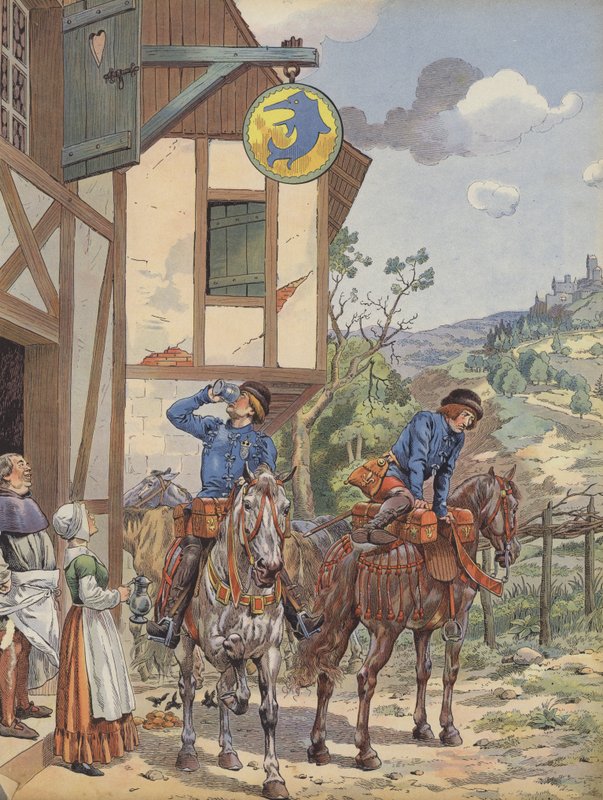 Poslové se občerstvují v hostinci u silnice (barva litho) od pseudonym for Onfray de Breville Jacques Job