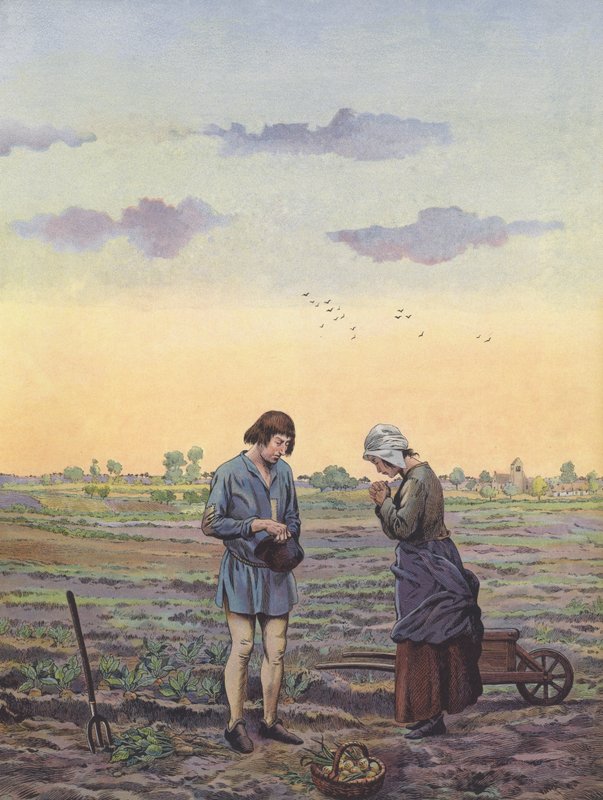 Rolníci se zastavili od své práce na polích k modlitbám podle příkazu krále (barva litho) od pseudonym for Onfray de Breville Jacques Job