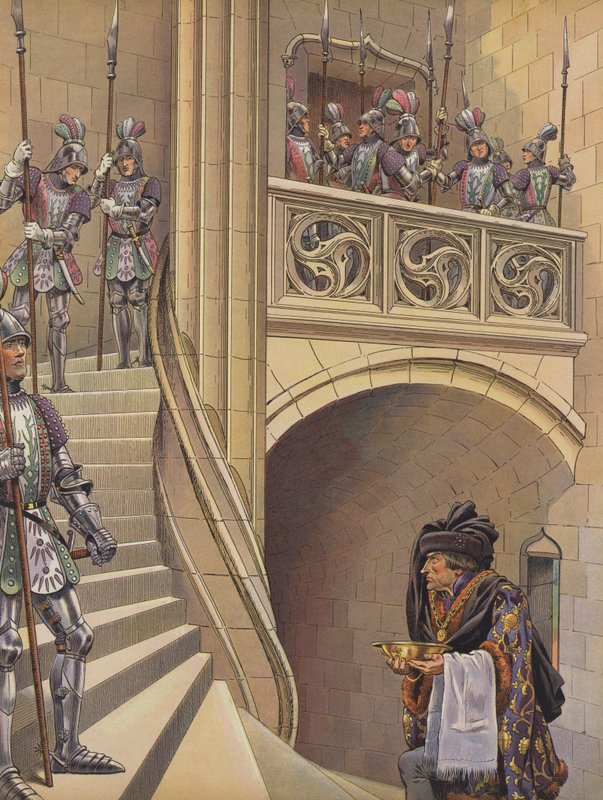 Holič vyšplhal po schodech směrem ke Králově komnatě kolem četných ozbrojených stráží (barva litho) od pseudonym for Onfray de Breville Jacques Job
