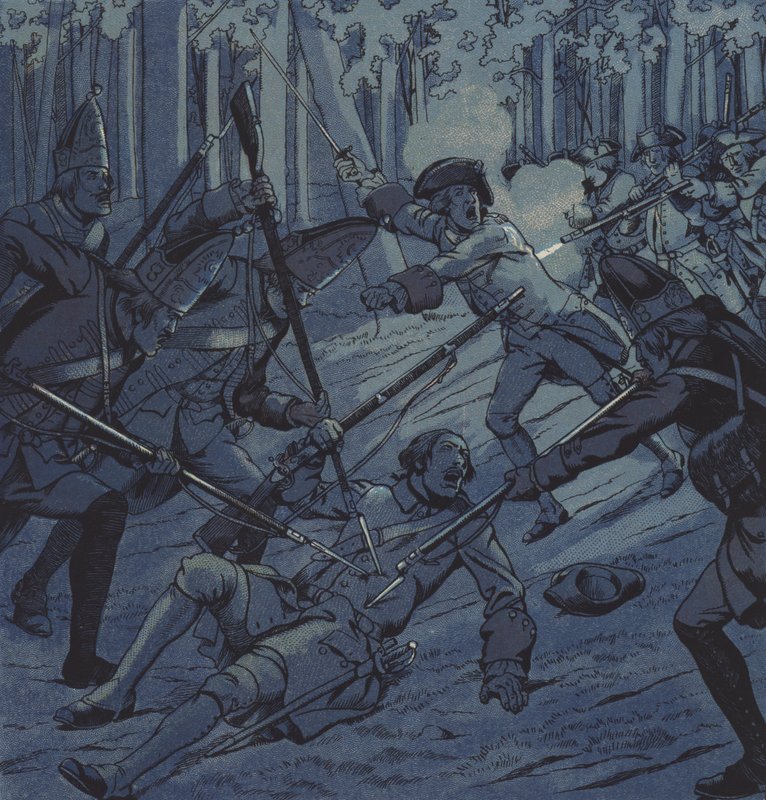 Seržant Dubois a Chevalier d"Assas v bitvě u Kloster Kampen, 1760 od pseudonym for Onfray de Breville Job