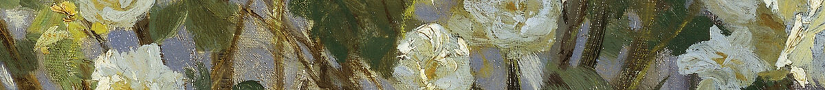 Marie Krøyer sedící na lehátku v zahradě u domu paní Bendsenové (Peder Severin Krøyer), Detail: Weiße Rosenblüten