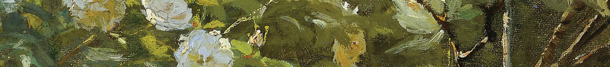 Marie Krøyer sedící na lehátku v zahradě u domu paní Bendsenové (Peder Severin Krøyer), Detail: Weiße Rosenblüten