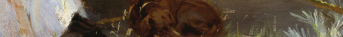 Marie Krøyer sedící na lehátku v zahradě u domu paní Bendsenové (Peder Severin Krøyer), Detail: Schlafender Hund