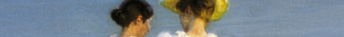 Letní večer na pláži ve Skagenu. Anna Ancherová a Marie Krøyerová jdou společně na procházku. (Peder Severin Krøyer), Detail: Gelber Strohhut und Köpfe