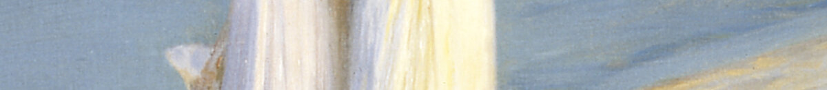 Letní večer na pláži ve Skagenu. Anna Ancherová a Marie Krøyerová jdou společně na procházku. (Peder Severin Krøyer), Detail: Weiße Sommerkleider