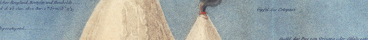 Geografie rostlin v tropických zemích, studie And, kresba Schoenbergera a Turpina, tisk Langlois, Paříž (Baron Friedrich Alexander von Humboldt), Detail: Rauchender Vulkangipfel