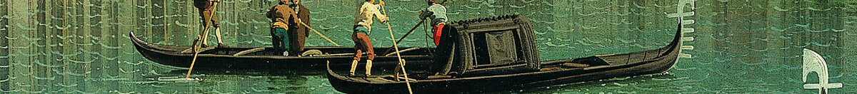 Canal Grande, Benátky, pohled k jihovýchodu, s Campo della Carità vpravo, 30. léta 18. století. (Giovanni Antonio Canal), Detail: Gondeln mit Gondolieri