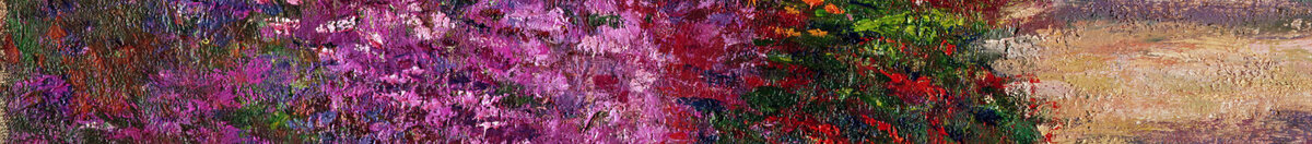 Cesta v Monetově zahradě, Giverny, 1902 (Claude Monet), Detail: Violette Blütenbüsche links