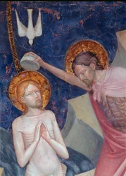 Svatý Jan Křtitel křtí Krista Detail. Freska od Lorenza (asi 1374-1420) a Jacopa (? -Po roce 1427) Salimbeni 1416. Oratoř Urbino v San Giovanni