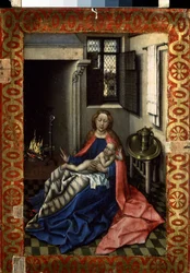 ""Madonna a dítě u krbu"" (Panna a dítě u krbu) Pravé pole diptychu. Malba na dřevě od Roberta Campina, známého jako Mistr Flemalle (1375-1444) kolem roku 1430 Rozměr 34,3 x 24,5 cm Muzeum Ermitáž, Petrohrad