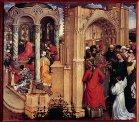 Sňatek Panny Marie od Roberta Campina, zvaného Mistr z Flémalle (1375-1444), 15. století, 0,77 x 0,88 m, Madrid, muzeum Prado