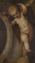 Putto s červeným květem, cca 1548-88 (olej na plátně)