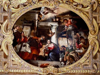 Klanění pastýřů. Obraz Paola Caliariho Paolo Veronese (1528-1588), po roce 1568. Olej na plátně. Rozměr: 910 x 455 cm. Benátky, bazilika sv. Giovanni e Paolo (San Zanipolo), kaple růžence. Benátky (Bazilika svatých Giovanni a Paolo