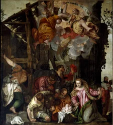 Klanění pastýřů. Obraz od Paola Caliariho Paolo Veronese (1528-1588), asi 1565. Rozměr: 350x290cm. Olej na plátně. Benátky, bazilika sv. Giovanni e Paolo (San Zanipolo), kaple růžence. Benátky (Bazilika svatých Giovanniho a Paola (