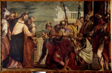 Ježíš Kristus a setník. Setník z Kafarnaum prosil Ježíše, aby bojoval se svým ochrnutým služebníkem. Obraz Paola Veronese (1528-1588) 16. století Sun. 1,92x2,97 m Madrid, muzeum Prado