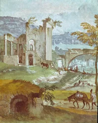 Krajina Bakchova pokoje. Obraz Paola Caliariho zvaný Paolo Veronese (1528-1588), cca 1561. Fresco Maser (Treviso), Villa Barbaro, Bakchův pokoj