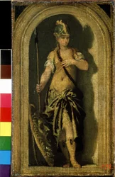 Minerva (Minerca). Vedle ní její štít s hlavou gorgonské medúzy. Obraz Paola Veronese (1528-1588). Olej na plátně, 28 x 16 cm, kolem roku 1560. Benátské umění, italská renesance. Puškinovo muzeum výtvarných umění, Moskva.