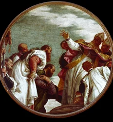 Svatý Mikuláš přijímá poctu úředníka Miry. Obraz Paolo Caliari dit Paolo Veronese (1528-1588)