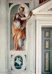 Trumpetista. Obraz Paola Caliariho zvaný Paolo Veronese (1528-1588), cca 1561. Freska. Maser (Treviso), Villa Barbaro