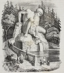 Koloss Apenin (od Giambologny) v parku vily Demidoff (Villa Medicea di Pratolino), Vaglia, Toskánsko, Itálie, litografie Giovanniho Marianiho z Poliorama Pittoresco, č. 10, 15. října