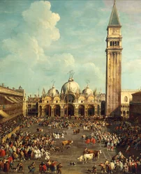 Býčí zápasy nebo lov býků na Piazza San Marco, od Giovanniho Antonia Canal, známého jako Canaletto (1697-1768) a od Giovanniho Battisty Cimaroliho (1687-po 1753), olej na plátně, 99x145 cm
