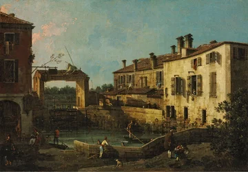 Zámek v Dolo, Canaletto (1697-1768). Olej na plátně, c. 1763. Rozměry : 30,5x44,5 cm. Muzeum umění, Budapešť