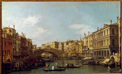 Velký kanál a most Rialto Benátský obraz od Antonia Canal dit Il Canaletto (1697-1768) Paříž 18. století, Musee Jacquemart Andre