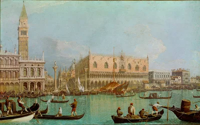 Krtek s vévodským palácem povodí svatého Marka. Pohled na Benátky, Dóžecí palác a náměstí svatého Marka z kanálu. Obraz Giovanni Antonia Canal dit il Canaletto (1697-1768)