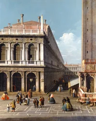 Benátky, náměstí Piazza S. Marco, při pohledu na západ ze severního konce náměstí Piazzetta, kolem roku 1740 (olej na plátně)