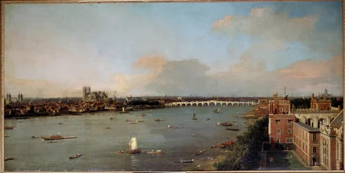 Pohled na Londýn a Temži v 18. století. Obraz Antonia Canala, známého jako Canaletto (1697-1768), 18. století - Lobkowiczké sbírky, Lobkowiczký palác, Praha - Rozměry Výška: 118 cm (46.5 in). Šířka: 238 cm (93.7 in)