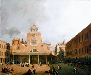 Pohled na campo san Giacometto a Benátský obraz od Canaletta (Giovanni Antonio Canal il) (1697-1768) 1729 Rozměr 95,5 x 117 cm Drážďany, Staatliche Gemaldegalerie