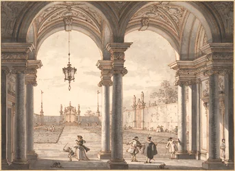 ""Pohled na barokní kolonádu s výhledem do zahrady"" (Pohled přes barokní kolonádu do zahrady) Perokresba Antonia Canal dit Canaletto (1697-1768) 1760-1768 Rozměr 33,1x45,4 cm Albertina, Vídeň