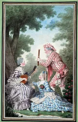 Madame de Meaux, Mademoiselle de Meaux a Monsieur de Saint Quentin opakující komickou operu Akvarel od Louise Carrogise Carmontelle (1717-1806) Chantilly z 18. století, Musee Conde