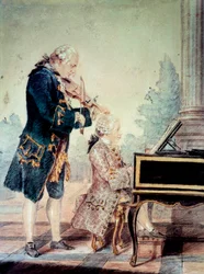 Wolfgang Amadeus Mozart (1756-1791) jako dítě hrající na klavír se svým otcem Leopoldem. Akvarel od Louise Carrogise Carmontella (1717-1806), 1777, Paříž, Musée Carnavalet