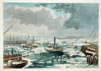 Breaking up the Ice at New York – Pohled z East River, publikovaný v Harper