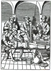 Mučení vodou, podle dřevorytu v knize "Praxis rerum criminalium" od Joose de Damhoudera (1507-81), vydáno v Antverpách