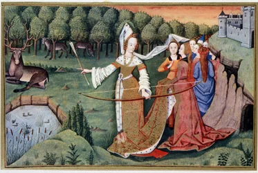 Diana (Artemis) - chromolitografie podle iluminace z 15. století