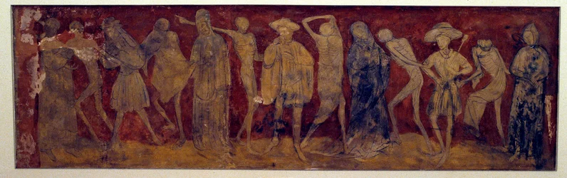 Freskové vydání „La Danse macabre““ ze starověkého opatství La Chaise-Dieu (Chaise Dieu) od Louise Ypermana (kolem roku 1856?) 1894. Paříž, Museum of Monuments english
