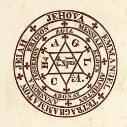 Okultní vědy: magický kruh. Schéma z díla „De Occulta Philosophia“ německého okultistického učence Henryho Cornelia Agrippy z Nettesheimu (1486-1535), známého jako Cornelius Agrippa nebo Agrippa z Nettesheimu