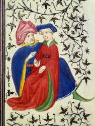 Galantní scéna. Detail stránky rukopisu „Les Tres Riches Hours duke Francois de Guise““ osvícený mistrem Boucicautu. 15. století. Musee Conde, Chantilly.
