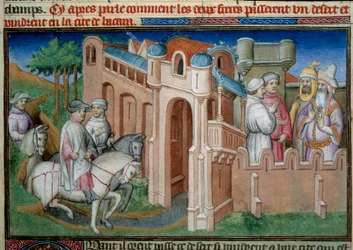 Bratři Nicolo a Matteo Polo, strýc a otec Marca Pola (1254-1324), přijíždějí do Bukhary v Uzbekistánu. Miniatura převzatá z „Knihy zázraků“““ („“Devisement du monde“, „“Il Milione“) od Marca Pola (1254-1324) ilustrovaná Mistrem z Bouci