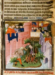 Cott Nero E II pt.2 fol.105 Upálení mistra templářů, z „Les Grandes Chroniques de France“, kolem 1415 (vellum)