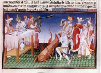 Pohřební obřad v čínské provincii Tangut (Gansu): kremační scéna Miniatura v „“Knize divů“““ („“Devisement of the World““, „“Il Milione“) rukopis fr.2810 (folio 23) osvícený od mistra Boucicautu a napsal Marco Polo