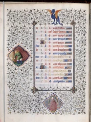 Rukopisná stránka „“ Les Tres Riches Hours duke Francois de Guise“““ zdobí znamení zvěrokruhu a znázornění zemědělské práce, sklizně. Miniatura mistra Boucicautu