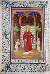 Reprezentace svatého Leonarda (6. století), poustevníka z Limousinu, propuštění dvou vězňů Strana rukopisu „“ Les Tres Riches Hours duke Francois de Guise““ osvícená mistrem Boucicautu. 15. století. Musee Conde, Chantilly