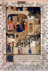 Politický dobrodruh Petr Ovocný dit Salmon nabízí svůj rukopis králi Karlu VI. (1368-1422). Miniatura z „Odpovědi Karla VI. a nářky“ od Pierra Salmona osvícená dílnou Maitre de Boucicaut (15. století) 1409 P