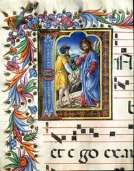 Decoree lettrine zobrazující pokušení Krista Miniatura od Liberale da Verona (1445-1529) z chóru (Cod. 20/5. c.45v) z katedrály v Sieně. Katedrála (Duomo) z 15. století v Sieně, Itálie