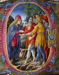 Zdobená iniciála znázorňující podobenství o vražedných vinařích (Evangelium podle svatého Matouše Mt 21, 33-43) (Podobenství o vinařích). Miniatura Liberale da Verona (1445-1529) ze sborové knihy (Cod. 20/5. c.2.) z katedrály v Sieně. 15. století