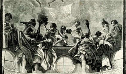 Nanebevzetí Panny Marie, detail z fresky od Correggia (1489-1534), kupole parmské katedrály, Emilia Romagna, Itálie, dřevoryt z Le cento citta d